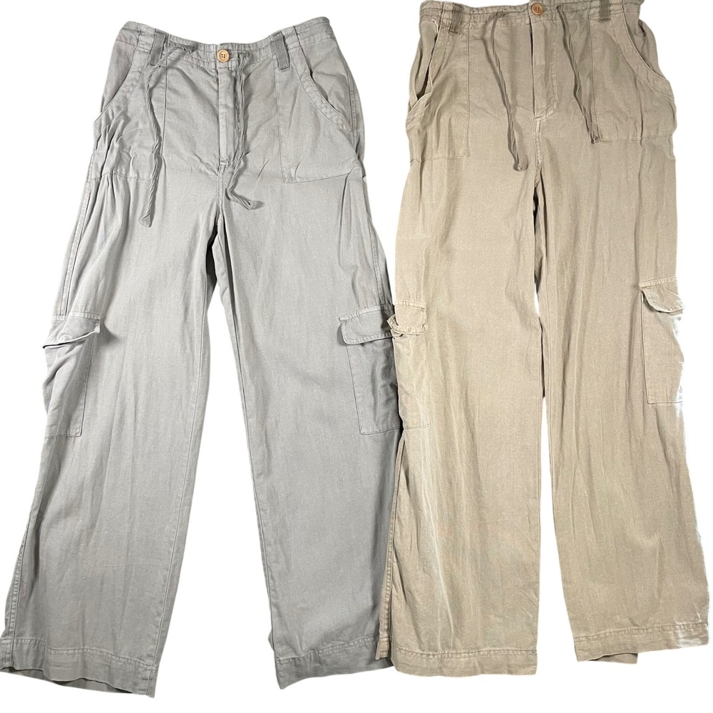Sincerely Jules Womens Linen Blend Cargo Pants Grey Tan Wide Leg M‎ Set of 2